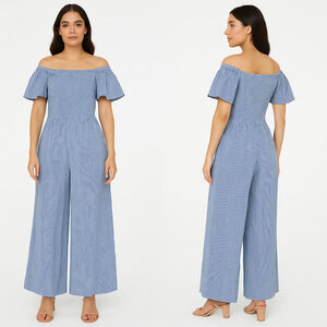 Ivy City Co Jumpsuit Blue White Gingham Wide Leg Ruffle Sleeve Smocked Sz Medium